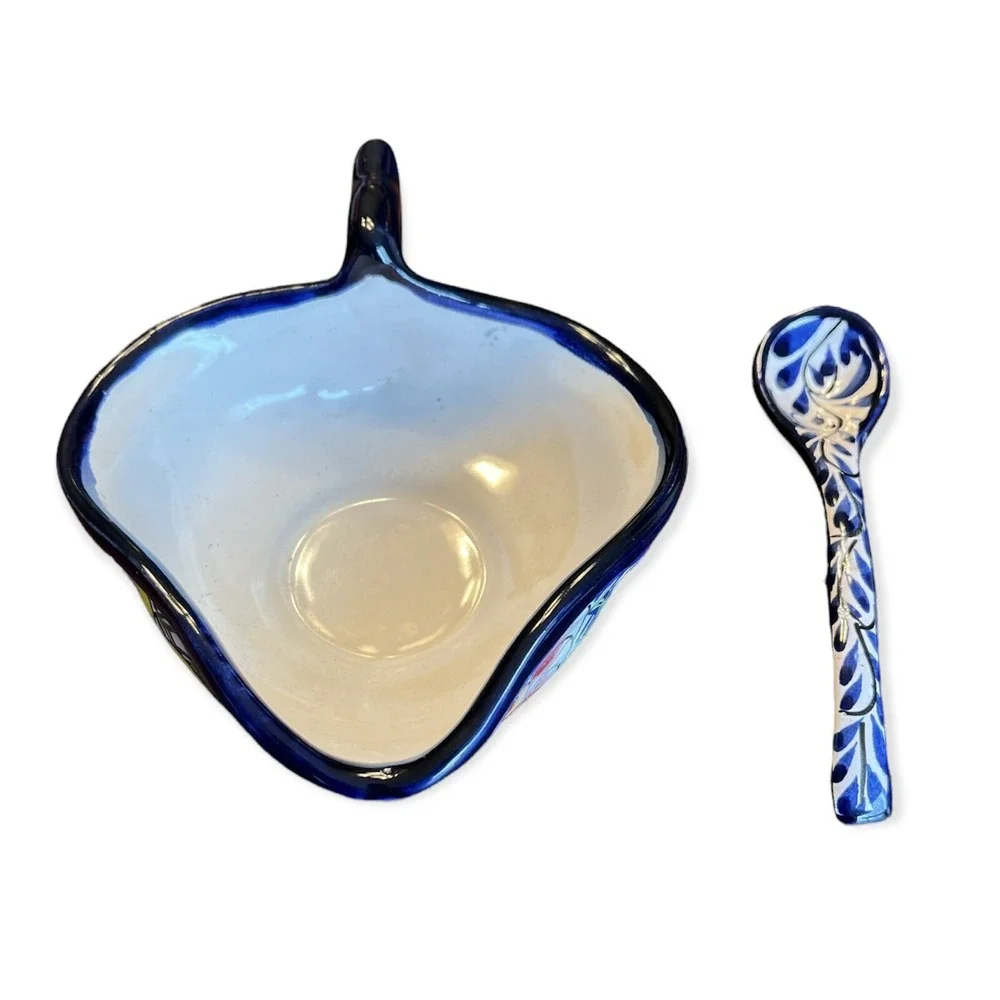 Mexican Talavera Pottery Hand Painted Condiment Bowl & Spoon - Serving Dish Set